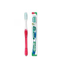 Product  container  of  GUM  Micro  Tip  Toothbrush  Full  Size  Soft  470  by  GUM,  a  soft  toothbrush  indicated  for  daily  plaque  removal.