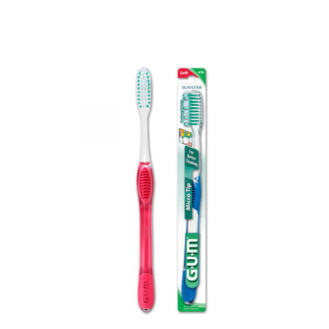 GUMMicroTipToothbrushFullSizeSoft470 Product container of GUM Micro Tip Toothbrush Full Size Soft 470 by GUM, a soft toothbrush indicated for daily plaque removal.
