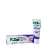 Tube  of  GUM  Ortho  Toothpaste  by  GUM,  a  toothpaste  indicated  for  thorough  cleaning  of  the  mouth  and  braces  in  orthodontic  patients.
