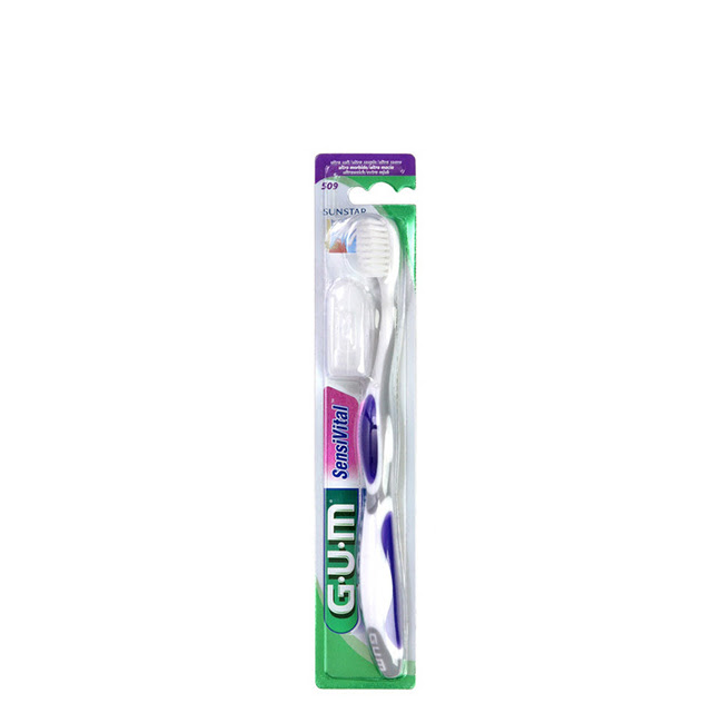 GUMSensiVitalToothbrush509 Product container of GUM SensiVital Toothbrush 509 by GUM, a soft toothbrush indicated for sensitive teeth and gums.
