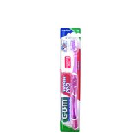 Product  container  of  GUM  Technique  Pro  Toothbrush  Compact  Medium  by  GUM,  a  medium  brush  indicated  for  removing  plaque.