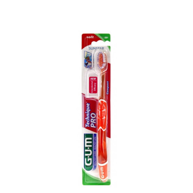 GUMTechniqueProToothbrushCompactSoft Product container of GUM Technique Pro Toothbrush Compact Soft by GUM, a soft brush indicated for daily oral hygiene.