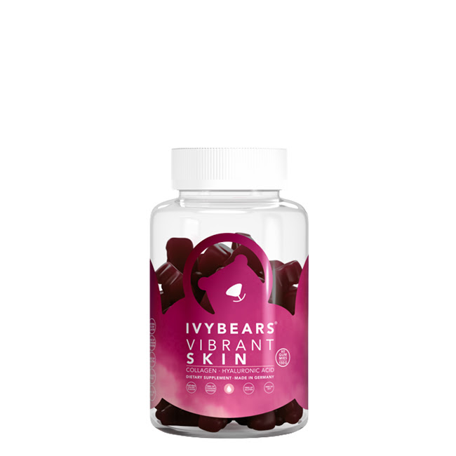 IvyBearsVibrantSkinGummiesx60 Box of IvyBears Vibrant Skin Gummies, a gummy supplement indicated for skin regeneration and improving elasticity.