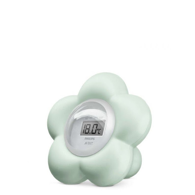 PhilipsAventDigitalThermometerMintGreen Product container of Philips Avent Digital Thermometer Mint Green, a digital device indicated for temperature control.