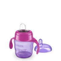 Product  container  of  Philips  Avent  Spout  Cup  Girl  200ml,  a  silicone  spout  cup  indicated  for  baby  drinking  development.
