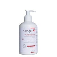 Bottle  of  Xerolys  10  Moisturizing  Body  Emulsion  by  Xerolys,  an  emulsion  indicated  for  very  dry  body  skin.