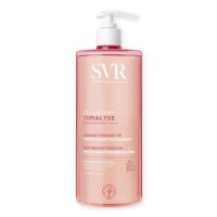 Bottle  of  SVR  Topialyse  Balm  Wash  by  SVR,  a  washing  gel  indicated  for  cleansing  and  moisturizing  dry  and  sensitive  skin.