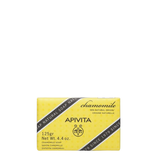 ApivitaChamomileNaturalSoap125g Product container of Apivita Chamomile Natural Soap by Apivita, a solid soap indicated for soothing sensitive skin.