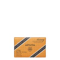 Product  container  of  Apivita  Honey  Natural  Soap  by  Apivita,  a  solid  soap  indicated  for  skin  comfort  and  irritation  relief.