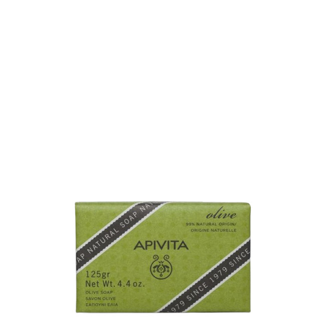 ApivitaOliveNaturalSoap125g Product container of Apivita Olive Natural Soap by Apivita, a solid soap indicated for cleansing and moisturizing dry skin.