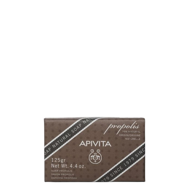 ApivitaPropolisNaturalSoap125g Product container of Apivita Propolis Natural Soap by Apivita, a solid soap indicated for oily and acne prone skin.
