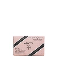 Product  container  of  Apivita  Rose  and  Black  Pepper  Natural  Soap  by  Apivita,  a  solid  soap  indicated  for  cleansing  and  exfoliating  skin.