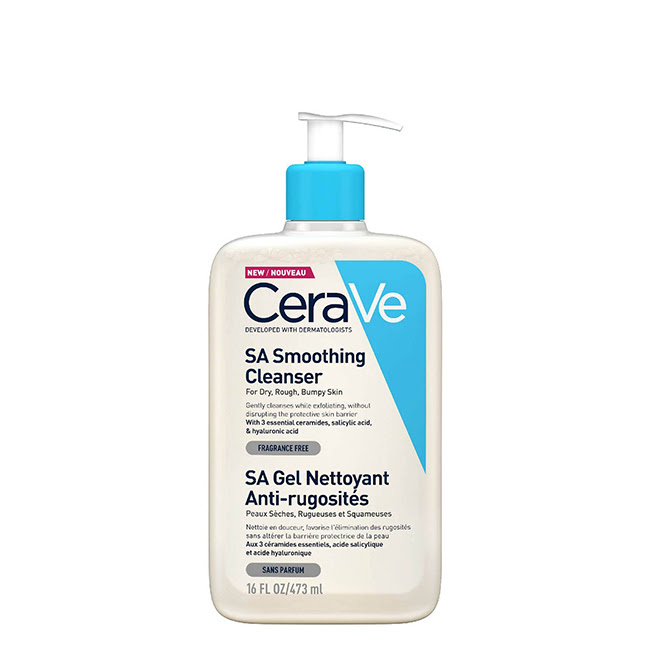 CeraveSASmoothingCleanserGel473ml Bottle of Cerave SA Smoothing Cleanser Gel by Cerave, a cleansing gel indicated for exfoliating and refining rough skin texture.