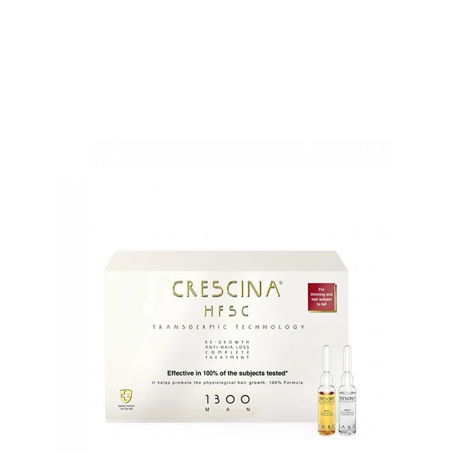 CrescinaHFSCTransdermicCompleteTreatment1300ManAmpoules10+10 Box of Crescina HFSC Transdermic Complete Treatment 1300 Man by Crescina, a liquid kit indicated for advanced hair thinning.