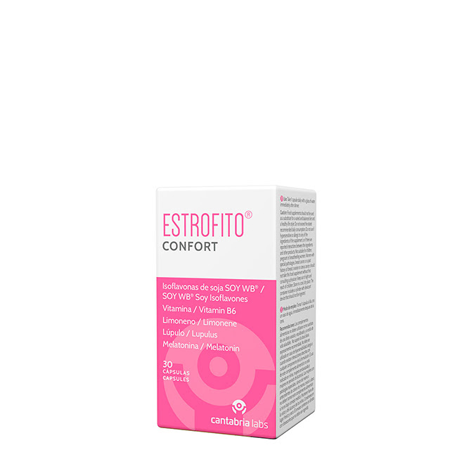 EstrofitoConfortCapsulesx30 Box of Estrofito Confort Capsules by Estrofito, a food supplement indicated for menopause well-being and sleep.