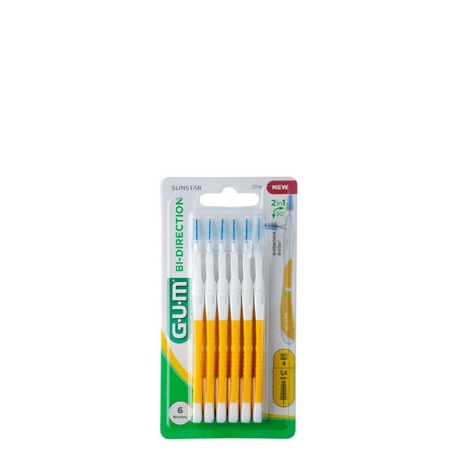 GUMBi-DirectionInterdentalBrush1.4mmx6 Box of GUM Bi-Direction Interdental Brush 1.4mm by GUM, a fine brush indicated for cleaning small interdental spaces.