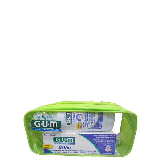 GUMOrthoEssentials Product container of GUM Ortho Essentials, a specialized oral care range indicated for hygiene for people with braces.