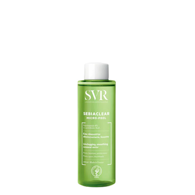 SVRSebiaclearMicro-PeelWater150ml Bottle of SVR Sebiaclear Micro-Peel Water by SVR, a watery concentrate indicated for unclogging pores and smoothing skin.