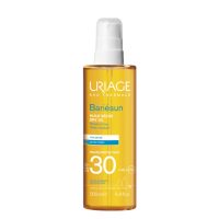 Bottle  of  Uriage  Bariésun  Solar  Oil  SPF30  by  Uriage,  a  dry  oil  indicated  for  sun  protection  of  the  body  and  hair.