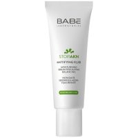 Product  container  of  Babé  Stop  AKN  Mattifying  Moisturiser  by  Babé,  an  emulsion  indicated  for  oily  acne-prone  skin.