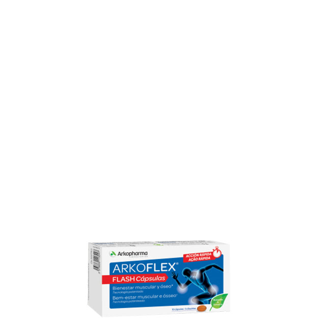 ArkoflexFlashCapsulesx10 Box of Arkoflex Flash Capsules by Arkopharma, a food supplement indicated for joint, muscle and bone well-being.
