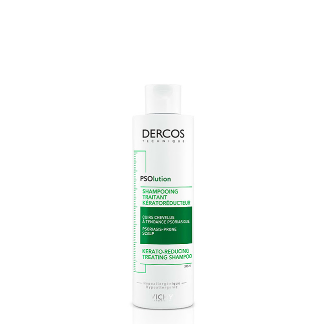 DercosPSOlutionKerato-ReducingTreatingShampoo200ml Bottle of Dercos PSOlution Kerato-Reducing Treating Shampoo by Dercos, a shampoo indicated for soothing irritated scalps prone to psoriasis.