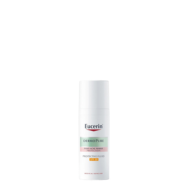 EucerinDermopureProtectFluidSPF3050ml Bottle of Eucerin Dermopure Protect Fluid SPF30 by Eucerin, a fluid texture indicated for acne-prone skin and sun protection.