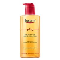 Bottle  of  Eucerin  pH5  Shower  Oil  by  Eucerin,  an  oil-rich  texture  indicated  for  cleansing  dry  skin  and  preventing  dehydration.