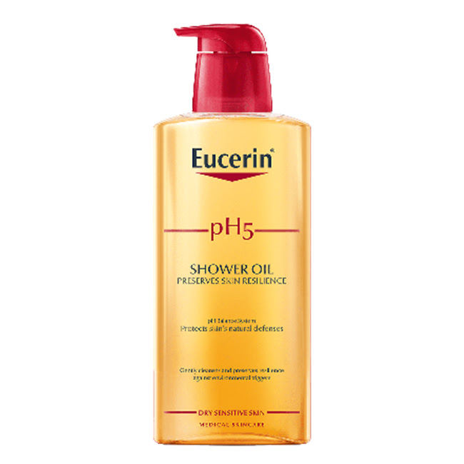 EucerinpH5ShowerOil400ml Bottle of Eucerin pH5 Shower Oil by Eucerin, an oil-rich texture indicated for cleansing dry skin and preventing dehydration.