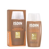 Bottle  of  Isdin  Fotoprotector  Fusion  Water  Magic  Color  Bronze  SPF50  by  Isdin,  a  tinted  sunscreen  indicated  for  bronze  skin.