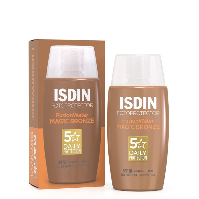 Isdin Fotoprotector Fusion Water Color Bronze SPF50 Bottle of Isdin Fotoprotector Fusion Water Magic Color Bronze SPF50 by Isdin, a tinted sunscreen indicated for bronze skin.