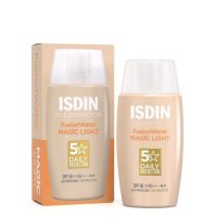 Bottle  of  Isdin  Fotoprotector  Fusion  Water  Magic  Color  Light  SPF50  by  Isdin,  a  tinted  sunscreen  indicated  for  light  skin.