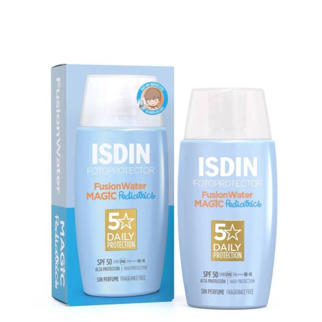 Isdin Fotoprotector Fusion Water Magic Pediatrics SPF50 Bottle of Isdin Fotoprotector Fusion Water Magic Pediatrics SPF50 by Isdin, a sun fluid indicated for infant sun protection.