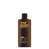 Bottle  of  Piz  Buin  Moisturising  SPF30  Sun  Lotion  by  Piz  Buin,  a  lotion  indicated  for  intensely  moisturizing  skin  and  providing  sun  protection.