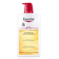 Bottle  of  Eucerin  pH5  Shower  Oil  by  Eucerin,  an  oil-rich  texture  indicated  for  cleansing  dry  skin  and  preventing  dehydration.