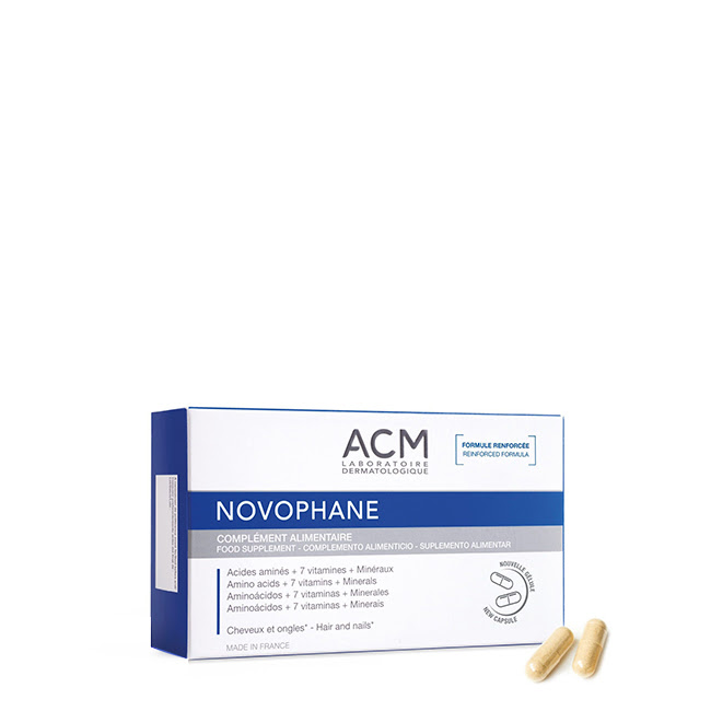 ACMNovophaneCapsulesx60 Box of ACM Novophane Capsules by ACM, a food supplement indicated for strengthening hair and nails.