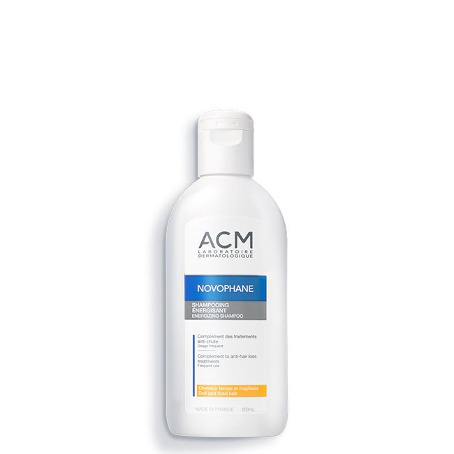 ACMNovophaneEnergizingShampoo200ml Bottle of ACM Novophane Energizing Shampoo by ACM, a shampoo indicated for fortifying fragile and sensitive hair.