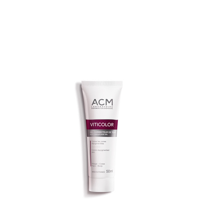 ACMViticolorSkinCamouflageGel50ml Tube of ACM Viticolor Skin Camouflage Gel by ACM, a color gel indicated for camouflaging depigmented areas of the skin.