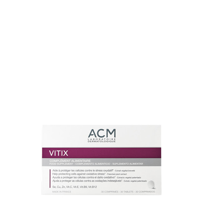 ACMVitixTabletsx30 Box of ACM Vitix Tablets by ACM, a food supplement indicated for antioxidant protection and reducing fatigue.