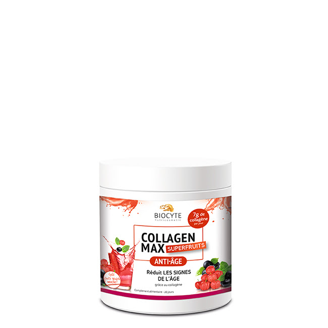BiocyteCollagenMaxSuperfruitsPowderSupplement260g Product container of Biocyte Collagen Max Superfruits Powder Supplement by Biocyte, a powder indicated for reducing signs of aging.