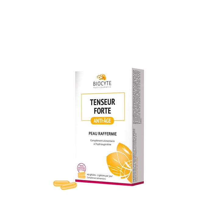 BiocyteTenseurForteCapsulesx40 Box of Biocyte Tenseur Forte Capsules by Biocyte, a capsule supplement indicated for combating loss of elasticity and skin firmness.