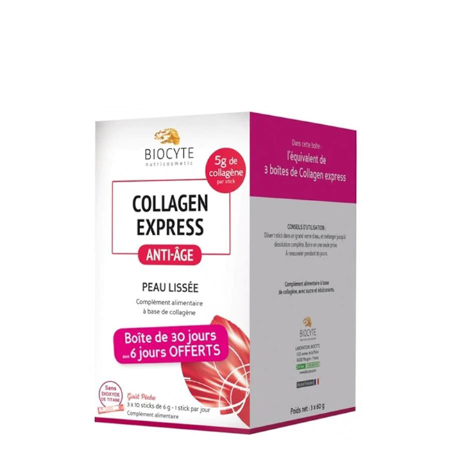 Biocyte_Collagen_Express_Saquetas_30 Box of Biocyte Collagen Express Sachets by Biocyte, a food supplement indicated for increasing skin density and firmness.
