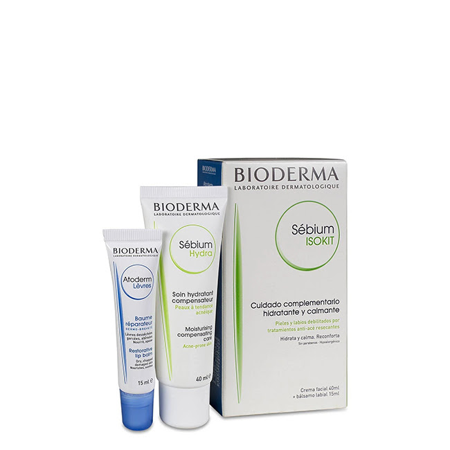BiodermaSébiumIsokitSet40ml+15ml Box of Bioderma Sébium Isokit Set by Bioderma, a skincare kit indicated for moisturizing irritated skin and dry lips.
