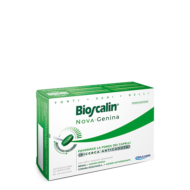BioscalinNovaGeninaTabletsx30 Box of Nova Genina Tablets by Bioscalin, a food supplement indicated for strengthening hair and preventing hair loss.