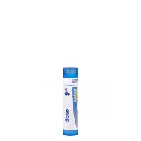Product  container  of  Boiron  Borax  9CH  by  Boiron,  homeopathic  granules  indicated  for  canker  sores  and  motion  sickness.