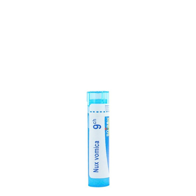 BoironNuxVomica9CHGranulesx80 Product container of Boiron Nux Vomica 9CH by Boiron, homeopathic granules indicated for heartburn and hangover.