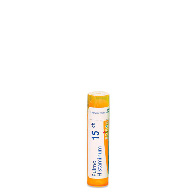 BoironPulmoHistaminum15CHGranulesx80 Product container of Boiron Pulmo Histaminum 15CH by Boiron, homeopathic granules indicated for common allergies.
