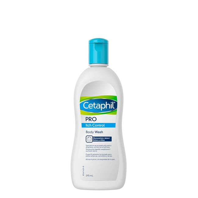 CetaphilProItchControlBodyWash295ml Bottle of Cetaphil Pro Itch Control Body Wash by Cetaphil, a liquid soap indicated for cleansing and soothing dry skin.