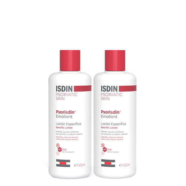 IsdinPsorisdinEmollientDailyLotion2x200ml Box of Isdin Psorisdin Emollient Daily Lotion by Isdin, a lotion indicated for reducing psoriasis symptoms.