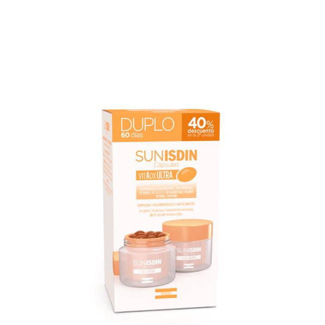 IsdinSunisdinDuo2x30Capsules Box of Isdin Sunisdin Duo by Isdin, a dietary supplement indicated for skin preparation before sun exposure.